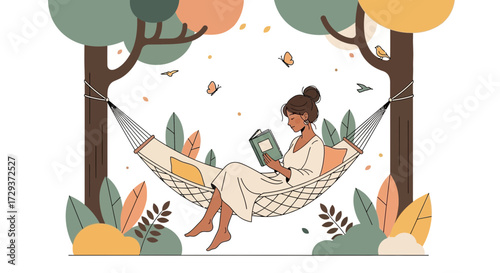 Woman Reading Book In A Hammock In A Park During The Day Relaxation Illustration