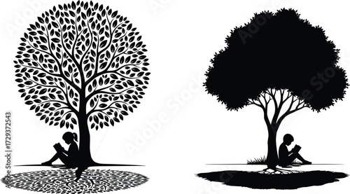 Reading under tree illustration, silhouette design, peaceful nature scene, book lovers, black and white graphic, vector art, editable education concept