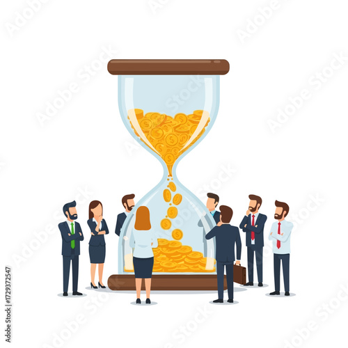 A group of business people observe an hourglass filled with gold coins, symbolizing time and money management.