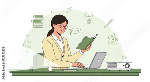 Woman Reading Book Using Laptop Teacher Learning Online Education Digital Vector Illustration