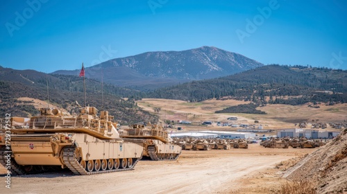 Military Might on Display: A vast array of modern tanks, meticulously lined up in an open field against a backdrop of rolling hills and a bright, expansive sky, showcasing power and precision.