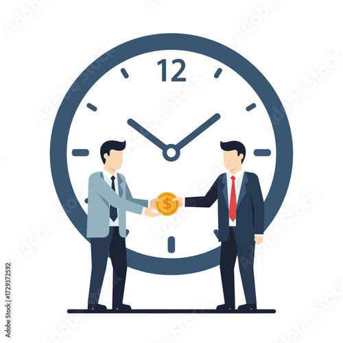 Two businessmen exchanging a coin in front of a clock, symbolizing time and money.