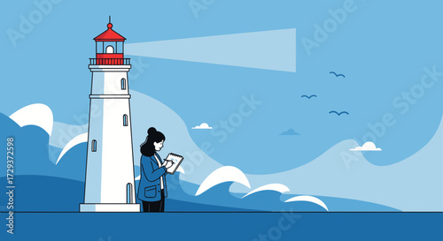 Woman Records Notes Near Lighthouse, Signifying Guidance And Contemplation On A Clear Day