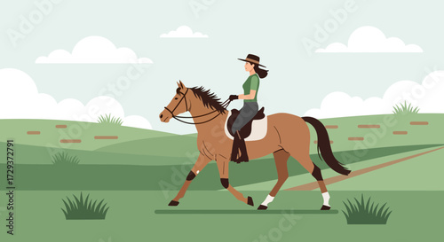 Woman Riding Horse in Green Meadow Surrounded by Grass and Cloudy Skies