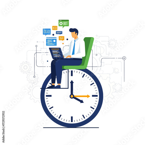 Man sitting on clock working on laptop with communication bubbles.