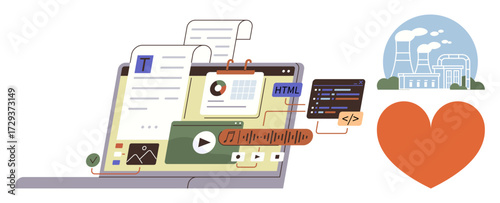Laptop displaying digital files, HTML, code, and multimedia with energy plant and heart symbol. Ideal for technology, sustainability, coding, multimedia, content creation green energy digital