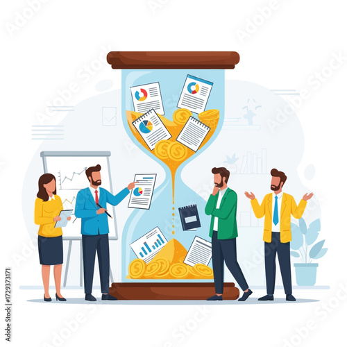 Conceptual illustration of time management with people and an hourglass filled with money and documents.