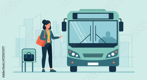 Woman Waiting for a Bus at a Bus Stop in an Urban Environment