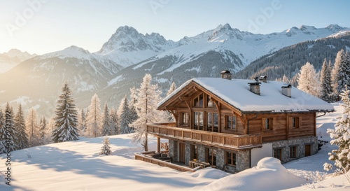 Cozy wooden chalet nestled in a snowy alpine forest with majestic snow capped mountains in the background
