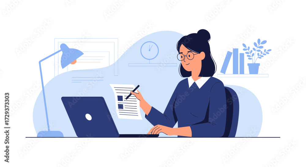 Fototapeta premium Woman Working At Home With Laptop And Forms Preparing The Tasks For The Day