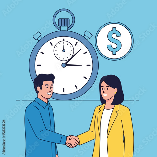 Two business people shaking hands with a stopwatch and dollar coin in the background, symbolizing a timely financial agreement.