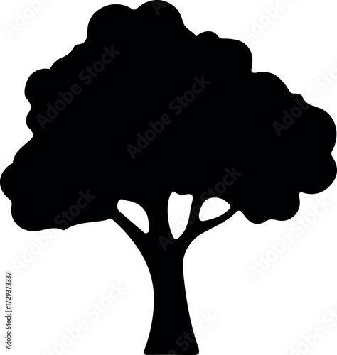 A stark black silhouette of a mature deciduous tree with a full canopy and branching trunk against a white background