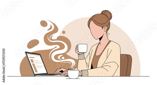 Woman Working Laptop And Drinking Coffee, Vector Illustration In Flat Design Style