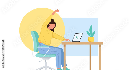 Woman Working On Laptop At Her Desk Stretching To Promote Healthy Office Habits
