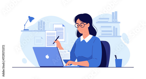 Woman Working On Laptop, Focused, Document Review, Creative Office Environment Conceptualization