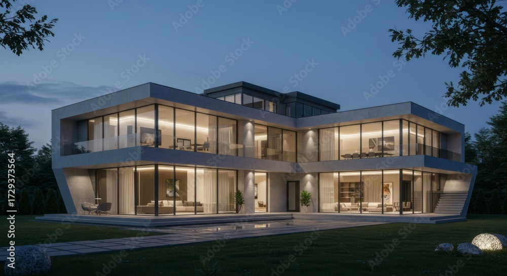Fototapeta premium Modern luxury residence with large glass windows illuminated at dusk with lush greenery