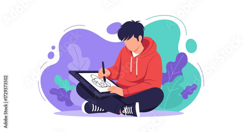 Young Artist Creating Digital Art on Tablet with Creative Graphical Illustration