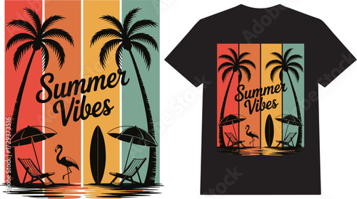 Summer Vibes Retro Beach Sunset T-Shirt Design with Palm Trees, Flamingo, Surfboard and Chairs