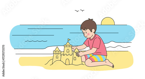 Young Boy Builds Sand Castle on Sunny Beach Embracing Coastal Summer Fun Activities
