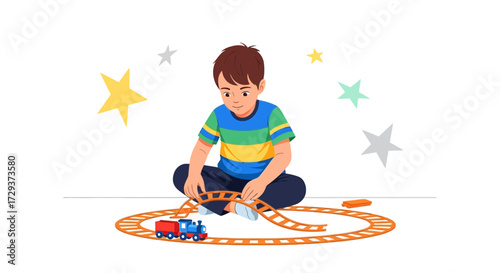 Young Boy Constructing Toy Train Track While Playing, Childhood Happiness Concept Depicted