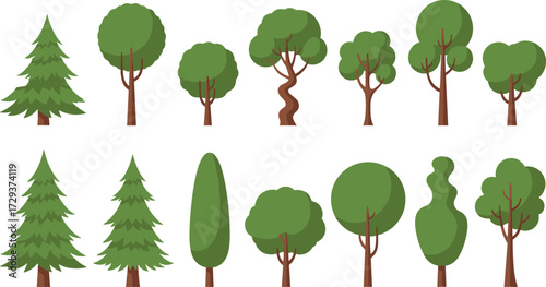Stylized tree illustrations, diverse foliage shapes, nature icons, vector trees, trunk variations, forest design, editable graphics, landscape elements, minimal art
