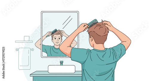 Young Man Combing His Hair In The Bathroom Mirror Preparing For The Day
