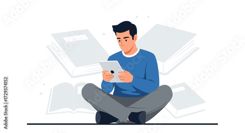 Young Man Reading Digital Books While Sitting Down With Crossed Legs and Tablet
