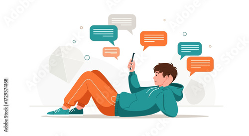 Young Man Relaxing While Engaging With Texts And Virtual Communication On His Phone