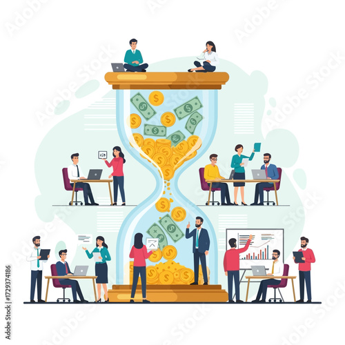 Hourglass filled with money, surrounded by people working and collaborating.