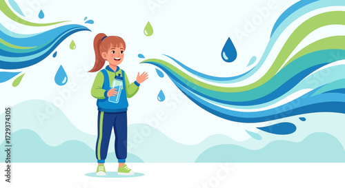 Young Person Promotes Hydration Lifestyle Holding Water Bottle With Water-themed Elements