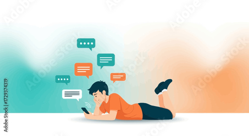 Young Person Relaxing With Smartphone And Engaging In Conversational Bubbles Online