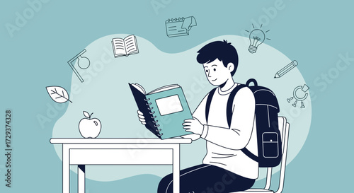 Young Scholar Engaged in Book Study With School Essentials Depicted Around