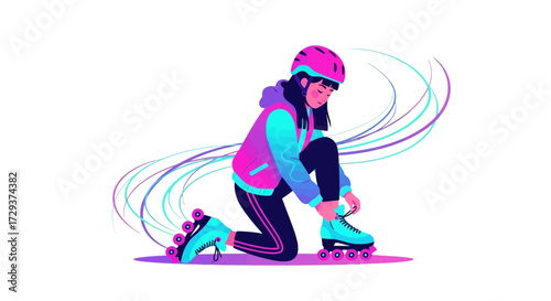 Young Skater Kneeling While Tying Her Roller Skate Laces And Preparing For Adventure