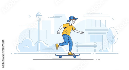 Young Skateboarder Enjoying Urban Summer Vibe In City Park Scene With Illustration