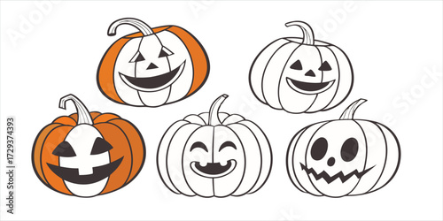 Halloween Jack O Lantern Vector Set with Spooky and Funny Carved Pumpkin Faces for Holiday Coloring Pages
