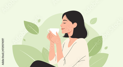 Woman Enjoying Herbal Tea with Eyes Closed in Botanical and Serene Ambiance