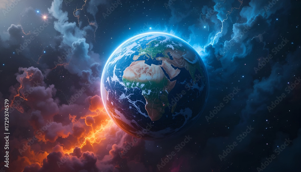 Fototapeta premium Planet Earth Split Between Red Heat and Cold Blue Storm Clouds