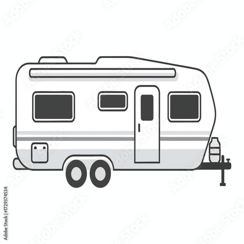Camper travel trailer vector icon. Grayscale RV illustration for camping, road trip, and outdoor adventure.