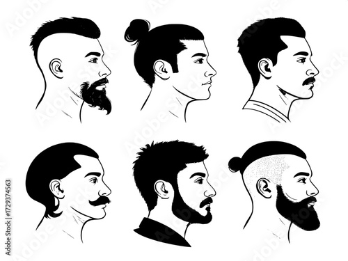 A lineup of six stylized men, clean and graphic, emphasizing distinct grooming styles: buzz cut, man bun, goatee, mustache, and full beard.