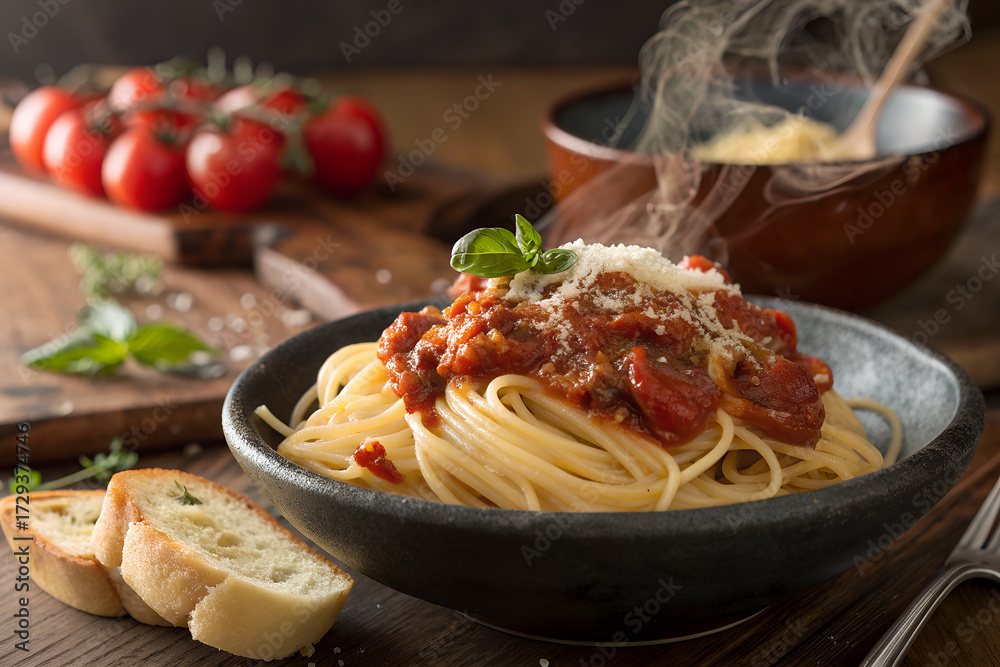 Fototapeta premium Rustic Italian meal featuring hot spaghetti with tomato sauce, grated cheese, basil, and garlic bread—celebrating comfort food and home-cooked freshness. generative ai