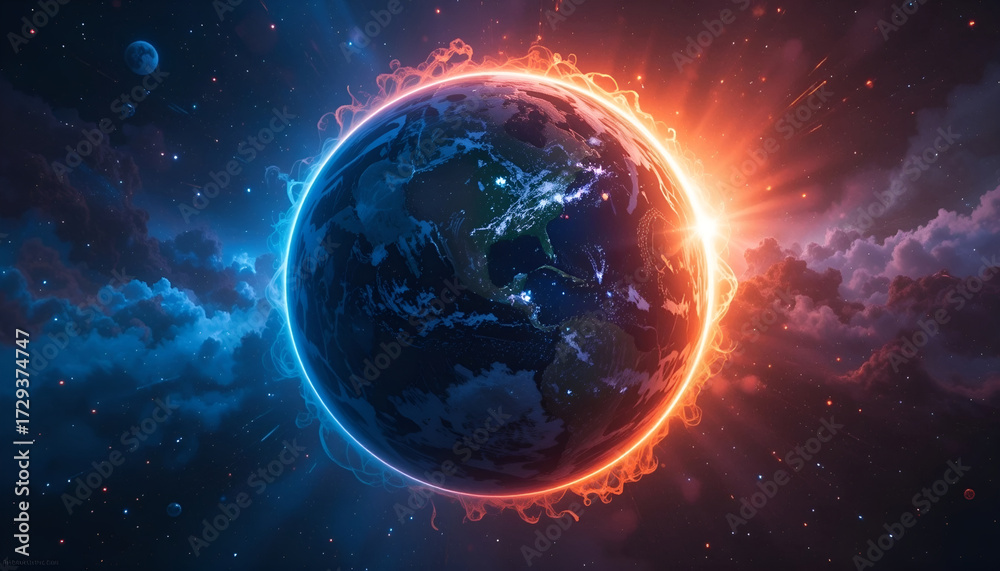 Obraz premium Planet Earth Ringed by Red and Blue Fire Global Warming Concept
