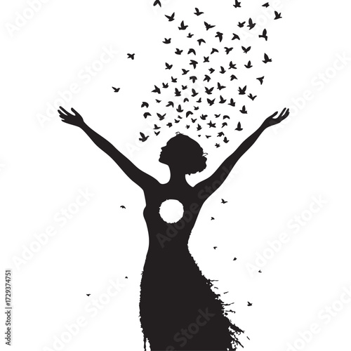 Canvas Print Freedom Silhouette Vector — Black and White Illustration of Woman Dissolving int