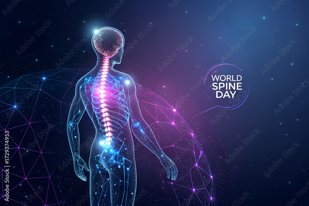 Fototapeta premium Futuristic illustration for World Spine Day featuring glowing spine in semi-transparent body with network background—highlighting spinal health and human connectivity. generative ai