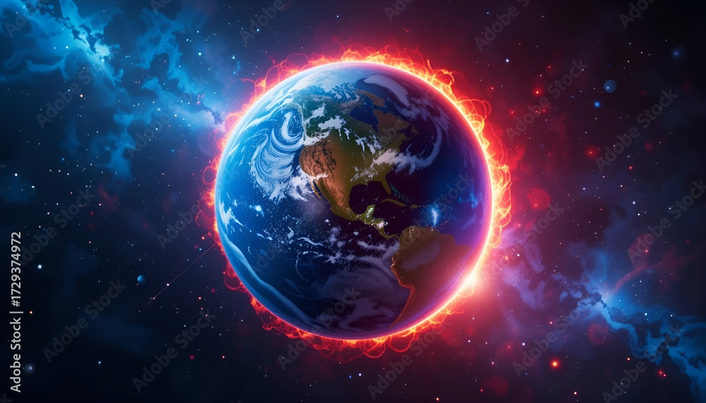 Fototapeta premium Planet Earth Surrounded by Red Orange Fire Ring Global Warming Concept