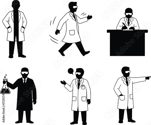 Various scientist poses and activities, including standing, walking, working at a desk, and holding beakers, a silhouette collection for science