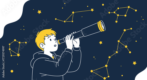 Young Astronomer Observing The Sky, Gazing Towards The Stars And Searching For Constellations