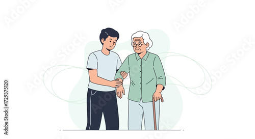 Young Man Assists Elderly Lady Walking With Support Stick And Encouragement