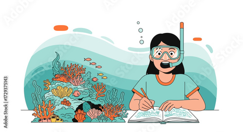 Young Marine Biologist, Drawing Underwater Life, Snorkeling and Observing the Ocean