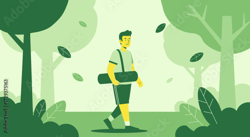 Young Person Enjoys Nature Walk, Bearing Exercise Gear through Serene Green Landscape Scene