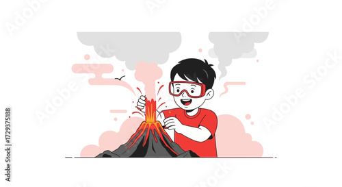 Young Scientist Demonstrates Volcanic Eruption for Scientific Education Illustrations